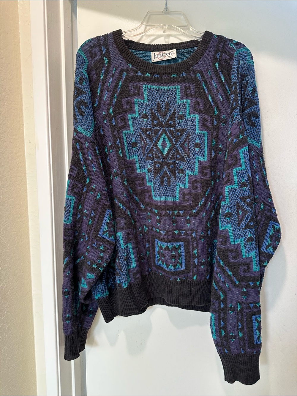 Vintage 90’s Jantzen Black Sweater with Teal & Navy Accent Knit Size XL